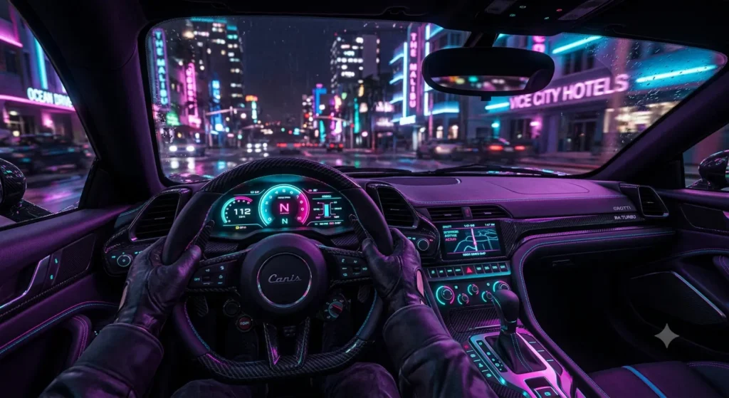 GTA 6 supercar interior cockpit view with glowing dashboard