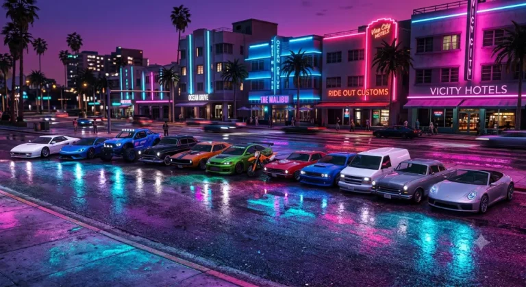 Lineup of confirmed and reported cars on GTA 6 at night