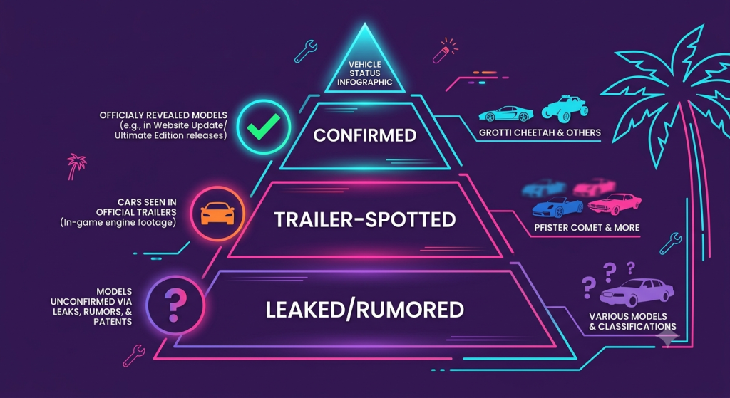 Three-tier confidence chart for GTA 6 vehicle sourcing