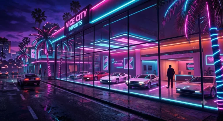GTA 6 car dealership showroom with sports cars at night in Vice City