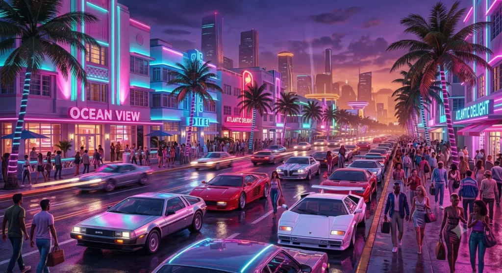 GTA 6 NPC cars parked along Ocean Drive in Vice City