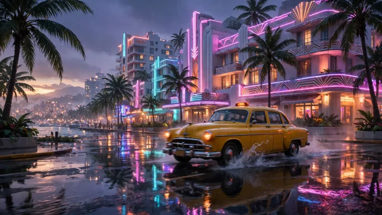 GTA 6 Ryde Me taxi app: cab in Vice City at dusk